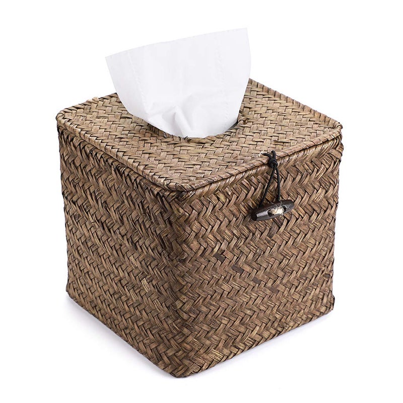 Sumnacon Tissue Box Cover Square Seagrass Tissue Box with Lid, Woven Tissue Box Holder Rustic Cube Tissue Cover for Bathroom Toilet Bedroom Living Room Kitchen Table Desk Office Car, Coffee - Image 1